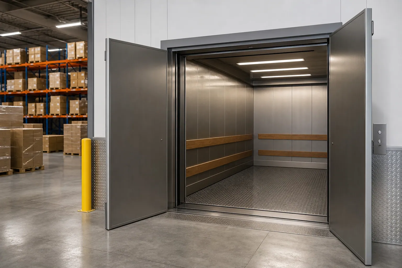 Heavy-duty freight elevator in a warehouse