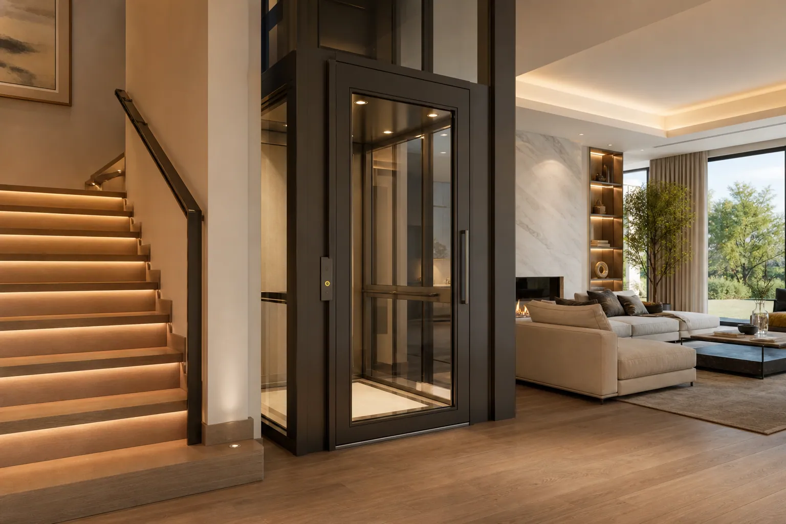 Residential home elevator beside a staircase