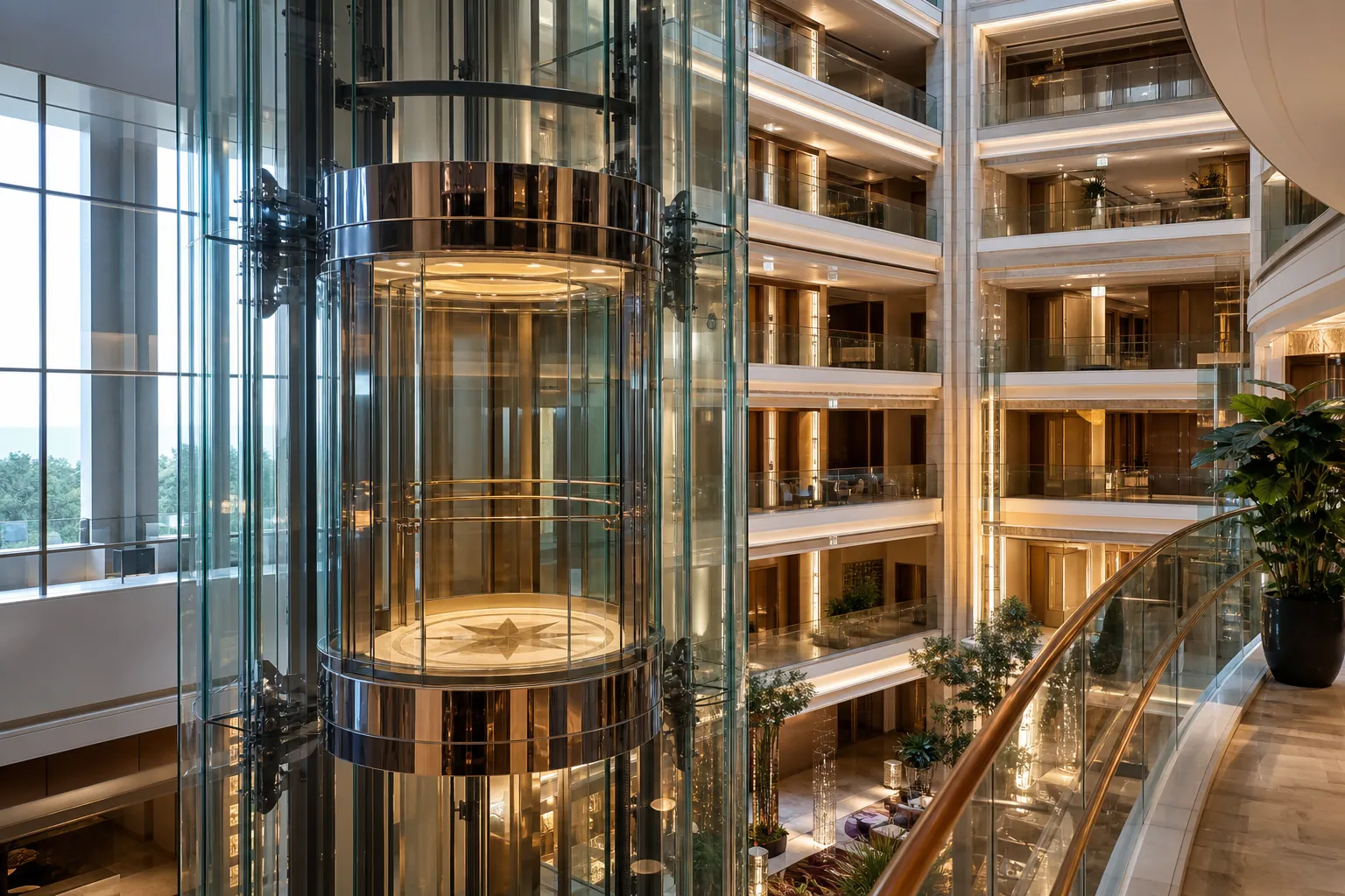 Panoramic glass elevator in a modern atrium